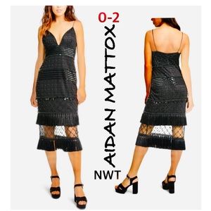 NWT black beaded fringe tassel sequin midi cocktail spaghetti (0-2) AIDAN MATTOX